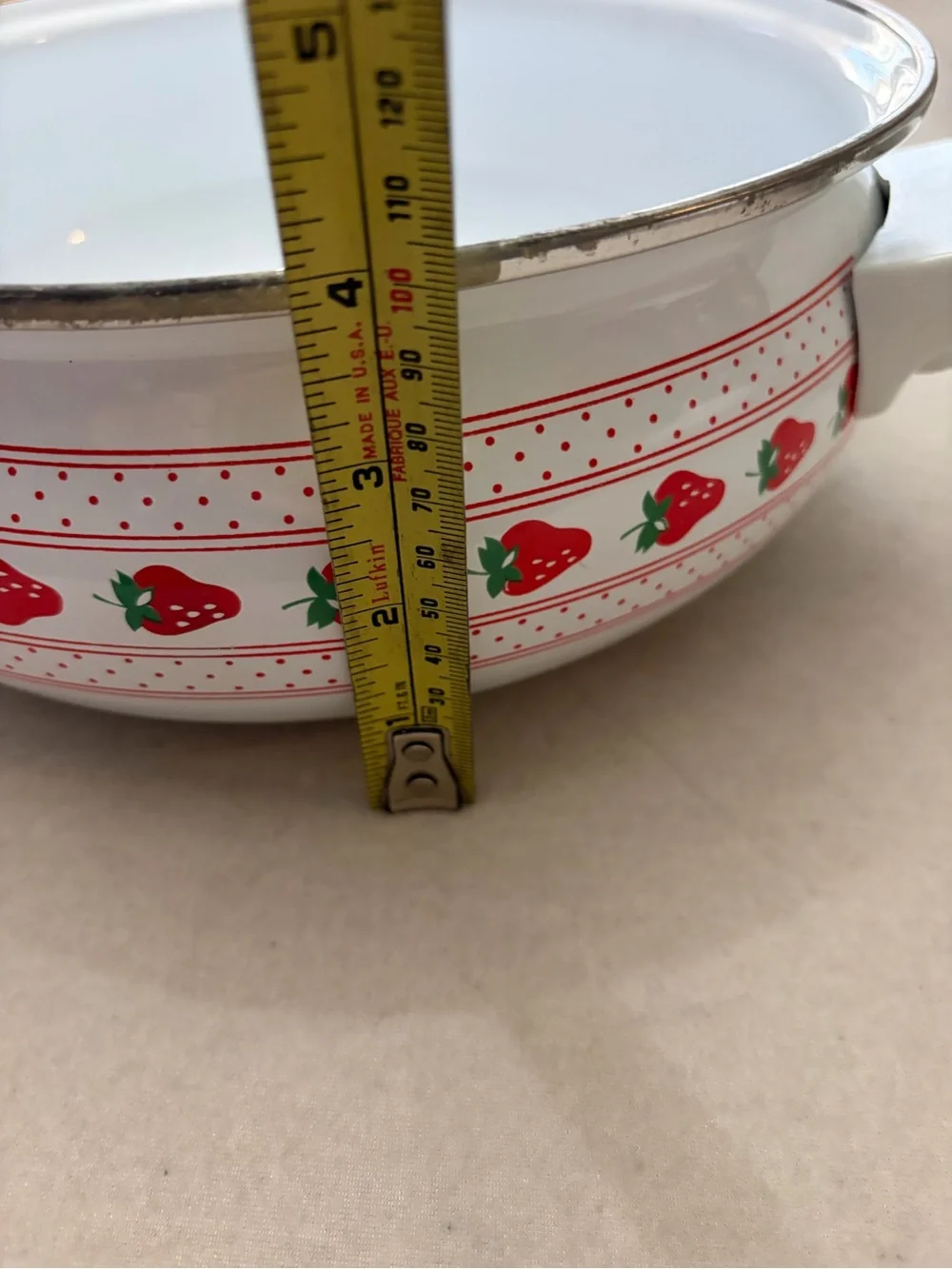 White Enamel  Bowl with Red Strawberry Motif